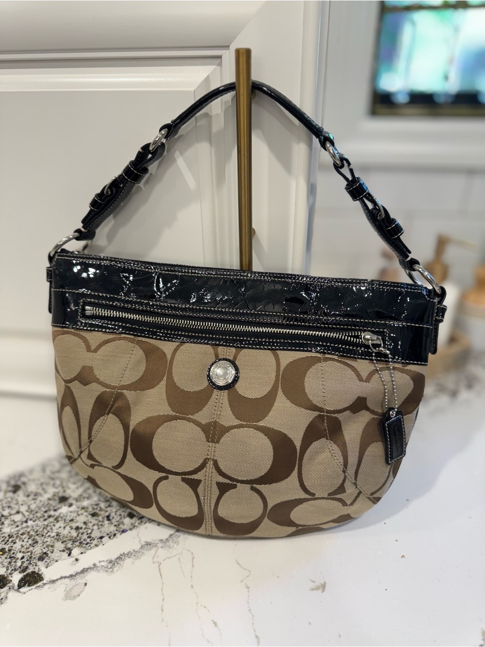 Coach Brown Signature Canvas Shoulder Bag with Black Patent Trim